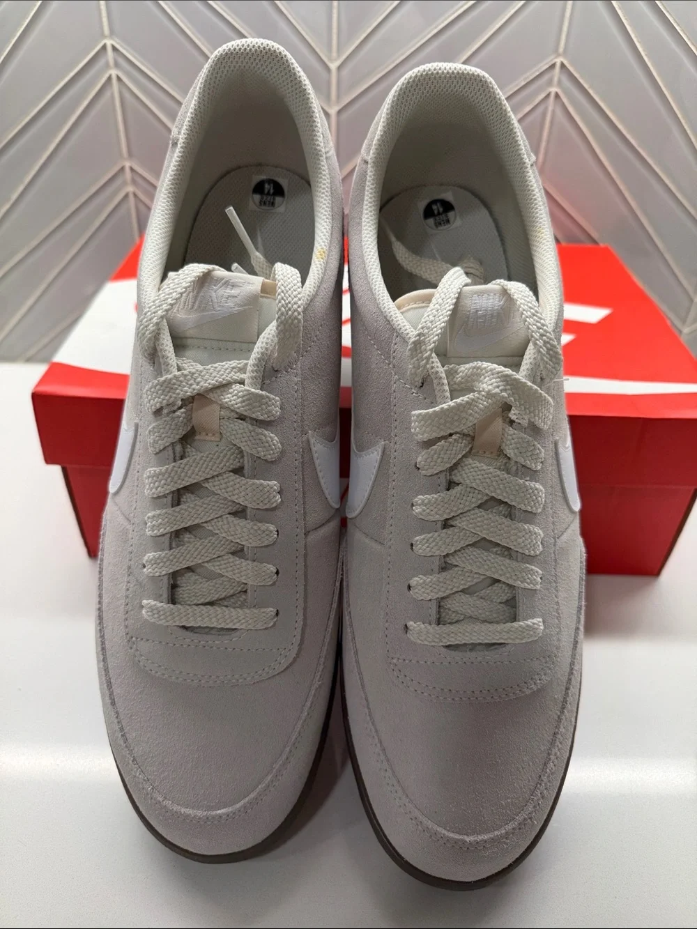 Nike Men’s Killshot 2 Gray Suede Sneakers with White Swoosh and Dark Gum Sole